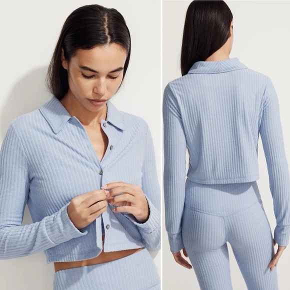 Madewell NWT MWL Brushed Rib Cropped Cardigan Sweater Top pastel blue button up - Picture 1 of 12